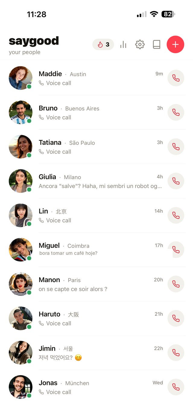 Saygood — your language partners text, voice-note, and call you